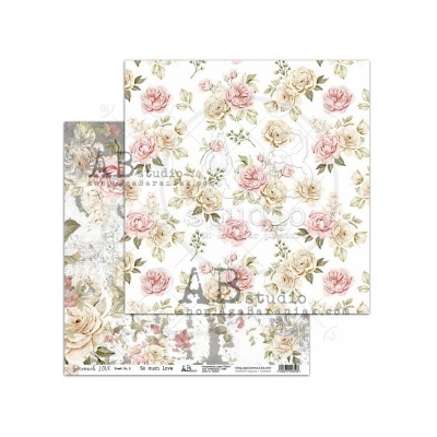 Folha dupla face de papel decorativo para scrapbooking com padrão floral em rosa, bege e cinzento