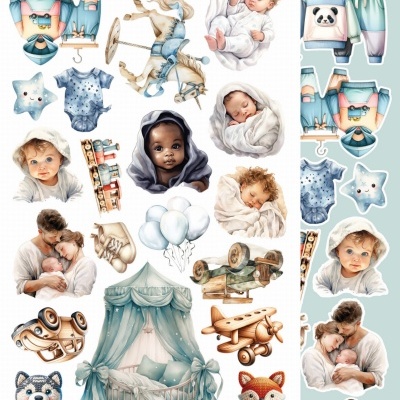 Imagens de produtos e bebés para coleção de e-commerce com roupas, brinquedos e acessórios para bebé em tons azuis e verdes.