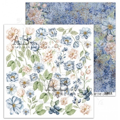 Papel decorativo dupla face com flores em tons azuis e rosa