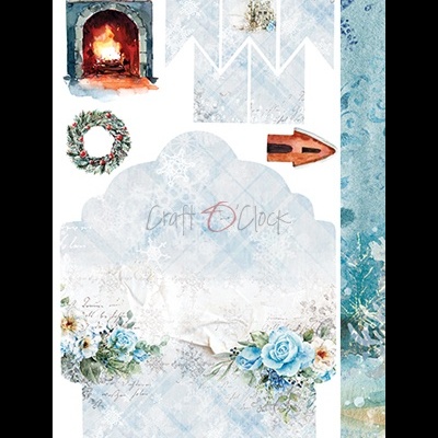 Elementos decorativos invernais e natalícios com flores, lareira, coroa, e padrões azuis nevados