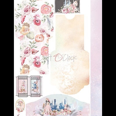 Etiquetas decorativas com flores, castelos, princesas e texto '4 O'Clock'