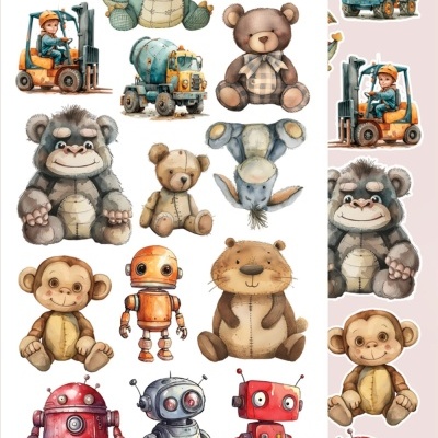 Ilustrações coloridas de peluches de animais, veículos e robôs para crianças.