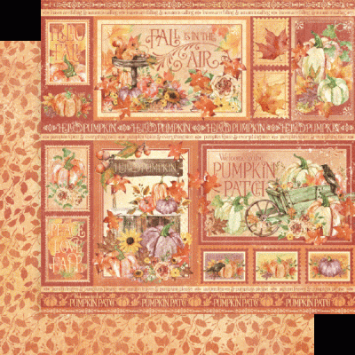 Papel decorativo de outono com abóboras, folhas e texto em tons castanhos e laranja