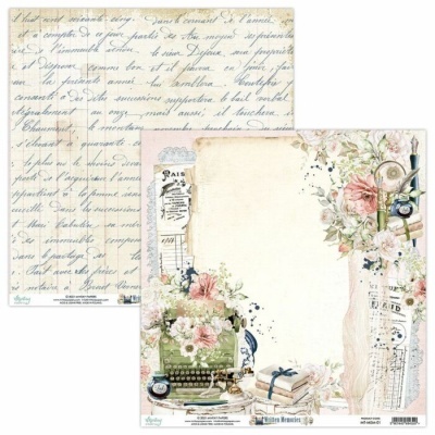 Folhas decorativas vintage com texto manuscrito e ilustrações de máquina de escrever, rosas e partituras