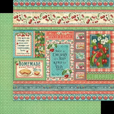 Papel decorativo vintage com cerejas e texto em inglês sobre receitas e frases relacionadas a cerejas.
