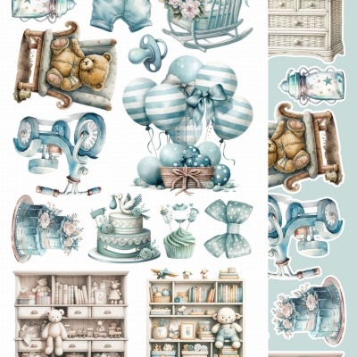 Ilustrações de móveis e brinquedos infantis em tons pastel azul e bege