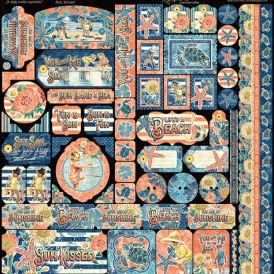 Folha de etiquetas decorativas com tema praia e natureza em cores azul, laranja e bege.