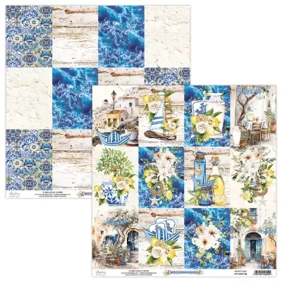 Papel decorativo com padrões coloridos de flores, barcos, janelas e azulejos