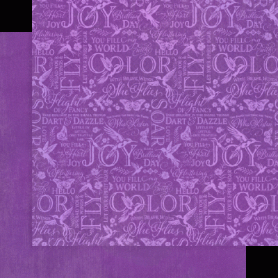 Papel decorativo roxo com padrões de borboletas, flores e texto em inglês.