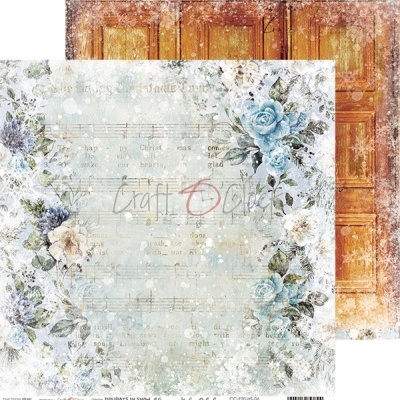 Papel de scrapbook com padrão floral azul e branco e padrão de portas castanhas