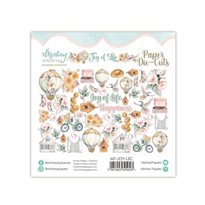 Recortes em papel Mintay Papers com tema 'Joy of Life' com balões, flores, bicicletas e texto decorative.