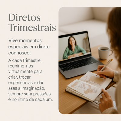 Pessoa a escrever num caderno durante videochamada num portátil, texto promocional à esquerda