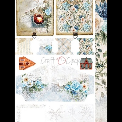 Papéis decorativos florais azuis e bege com texto Craft O'clock