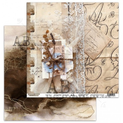 Papel decorativo vintage com rendas, flores secas e padrões manuscritos em tons bege e castanho