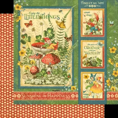 Painel têxtil com ilustrações de elfos e cogumelos coloridos e textos em inglês sobre fundo padrão de bolinhas.