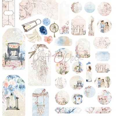 Etiquetas decorativas com desenhos vintage, flores e casais em tons pastel