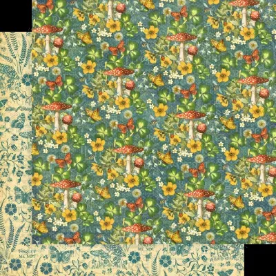 Papel de parede com padrão de cogumelos vermelhos, flores amarelas e borboletas sobre fundo azul