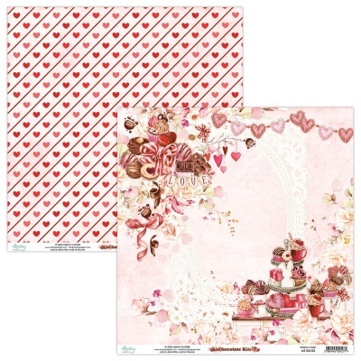 Folhas de papel decorativo com padrões de corações vermelhos e design floral com chocolates e renda
