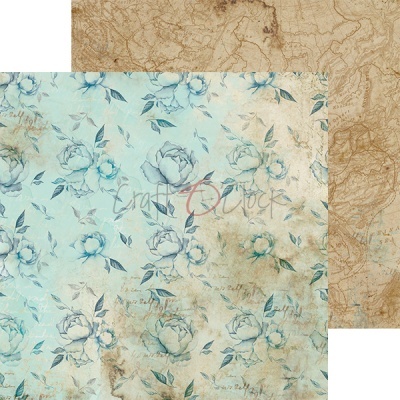 Papel decorativo com padrão floral azul e fundo envelhecido com textura de mapa antigo em castanho