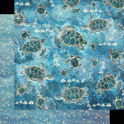 tecido azul com padrão de tartarugas marinhas e elementos marinhos brancos