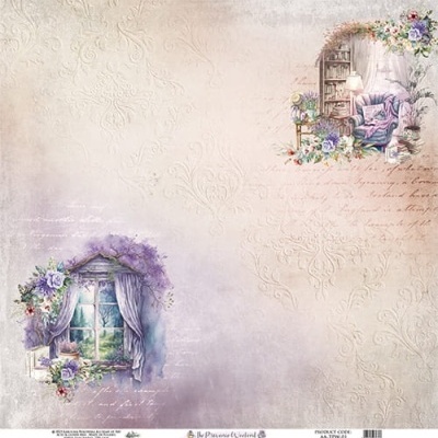 Ilustrações decorativas de uma janela com cortinas lilás e uma poltrona roxa junto a estante de livros em fundo creme texturizado