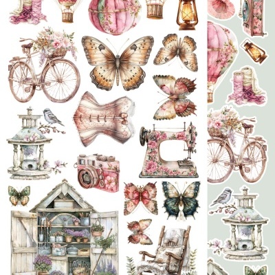 Ilustrações vintage coloridas de balões, bicicletas, gramofone e móveis com flores