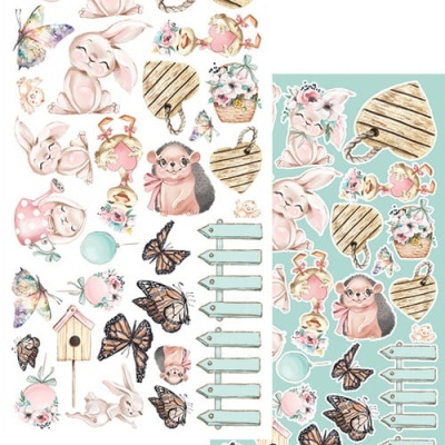 Ilustrações destacadas de animais, flores, setas e elementos da natureza com estilo aquarela.