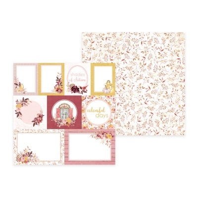 Papel decorativo para scrapbook com padrões florais coloridos e etiquetas com textos