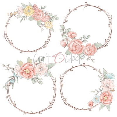 Quatro molduras florais redondas decorativas em estilo aquarela com texto central