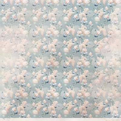 Papel de parede azul com padrão de anjos em tons de bege e branco