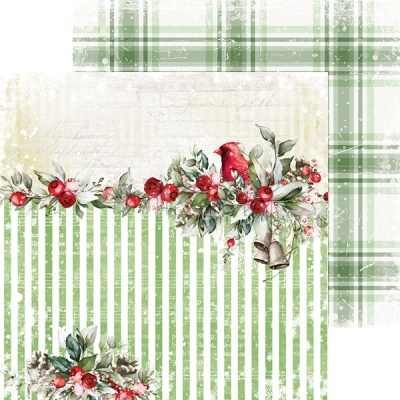 Papel decorativo natalício com riscas e motivos florais e pássaro vermelho