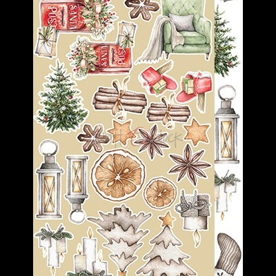 Autocolantes Natalícios com poltrona verde, presentes, biscoitos, velas e pinheiros