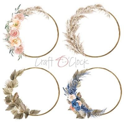 Quatro círculos decorativos dourados com diferentes adornos florais e folhas secas