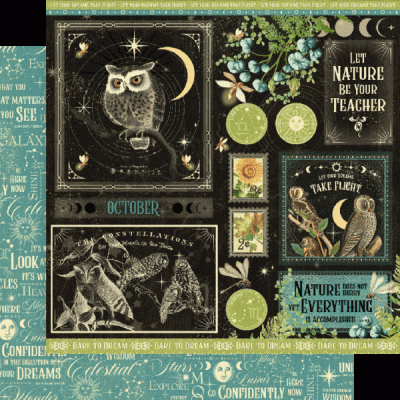 Padrão de tecido decorativo com corujas, elementos naturais e textos inspiradores em inglês.