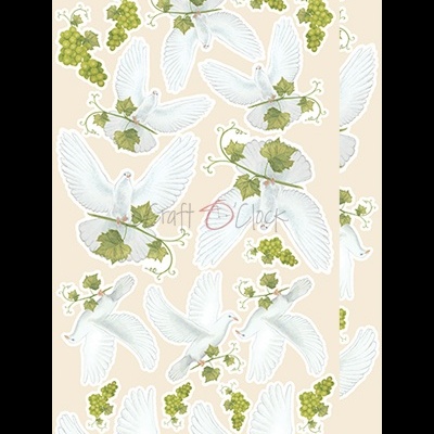 Decalques com pombas brancas e cachos de uvas verdes