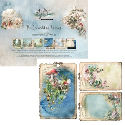 Papéis decorativos para scrapbooking tema fadas com elementos florais, cogumelos e fundo azul