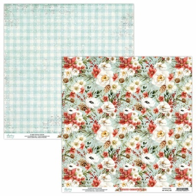 Papel de scrapbook com padrão quadriculado azul e branco num lado e padrão floral colorido no outro.