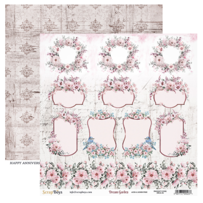Papel decorativo scrapbooking com flores e etiquetas vintage em rosa e azul