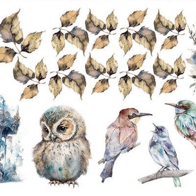 ilustrações aquareladas de carrossel, coruja, folhas, pássaros e flores em tons azul e castanho