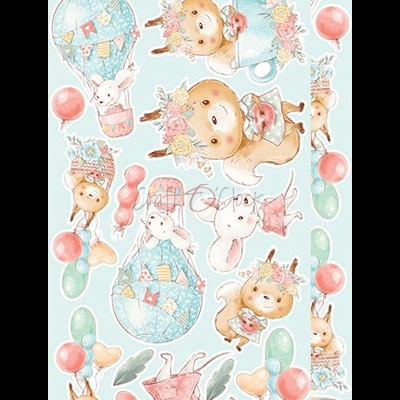 Adesivo infantil com desenhos de esquilos e coelhinhos em cores suaves e balões
