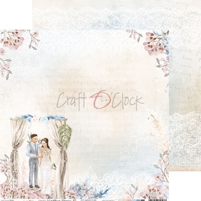 Papel decorativo floral com imagem de noivos e texto Craft O Clock