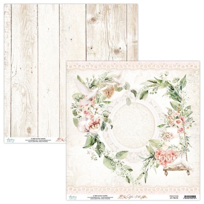 Papel decorativo para scrapbook com padrão de madeira e coração floral com a palavra LOVE