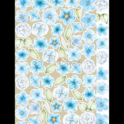 adesivos de flores azuis e brancas com folhas verdes em fundo bege