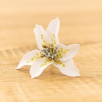 Flor branca decorativa sobre superfície de madeira clara