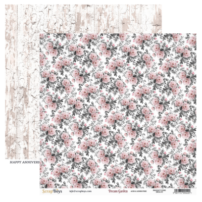 Papel de scrapbooking dupla face com padrão floral rosa e madeira branca rústica