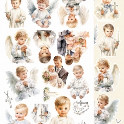 Ilustrações de crianças com símbolos religiosos e asas de anjo