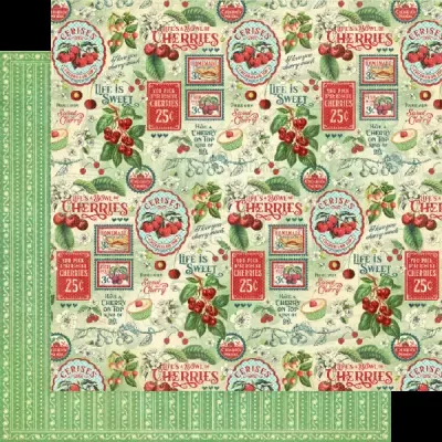 Papel decorativo com padrão vintage de cerejas e textos em inglês
