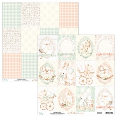 Papéis decorativos para scrapbooking com padrões e ilustrações de temas de bebé em tons pastel