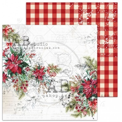 Papel decorativo dupla-face com motivos natalícios e padrão xadrez vermelho e branco