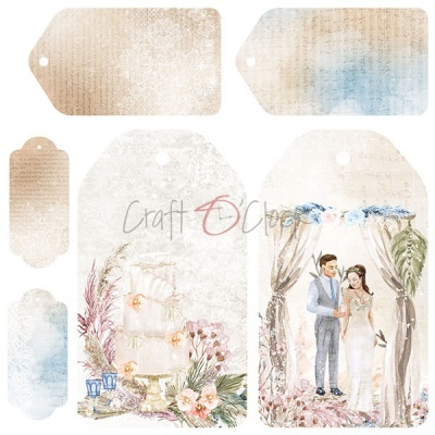 Etiquetas decorativas para casamento com imagens de bolo, casal e flores em tons pastel